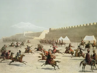 Koerdische en Tataarse krijgers bij Sadar Abbat, Armenië, plaat 15 uit een boek over de Kaukasus, Rayot en Jacottet, gepubliceerd door Alfred Leon Lemercier, Parijs, 1847